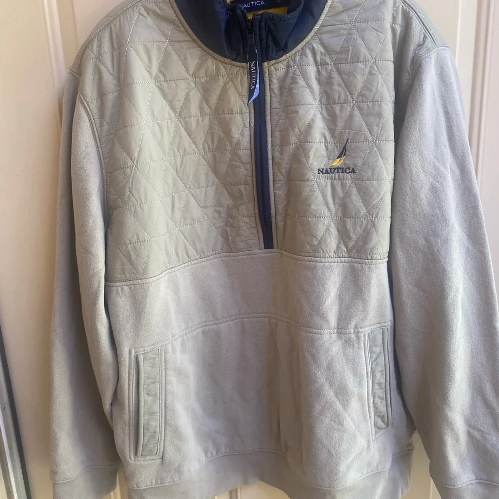 Nautica 3/4 Zip Pull Over Cotton/Nylon Beige Sz XL Logo on pull & Frnt. EUC